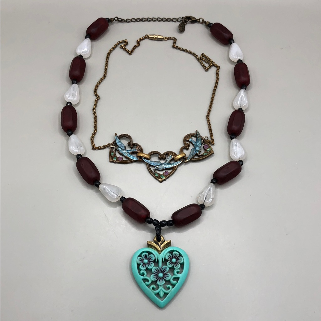 Carolina Herrera Vintage Flower Heart Necklace + Vintage Birds Chain Necklace.